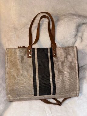 Canvas Tote Bag with Black Stripe and Brown Leather Handles